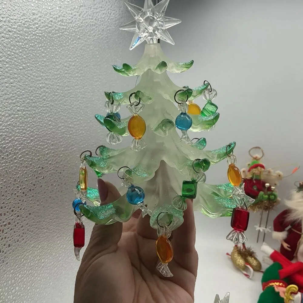 Set of 2 Acrylic Christmas Trees Candy Ornaments Glitter Star Topper 6–7”